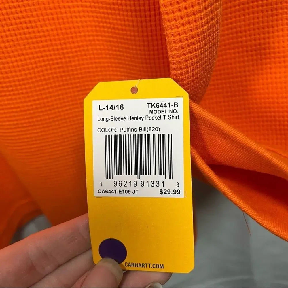 Carhartt Orange Long Sleeve Henley Boys Size large 14/16 NEW